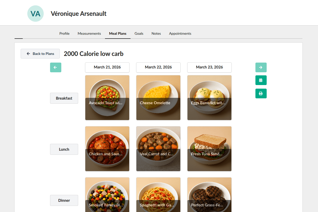 NutraPlanner meal plan grid view