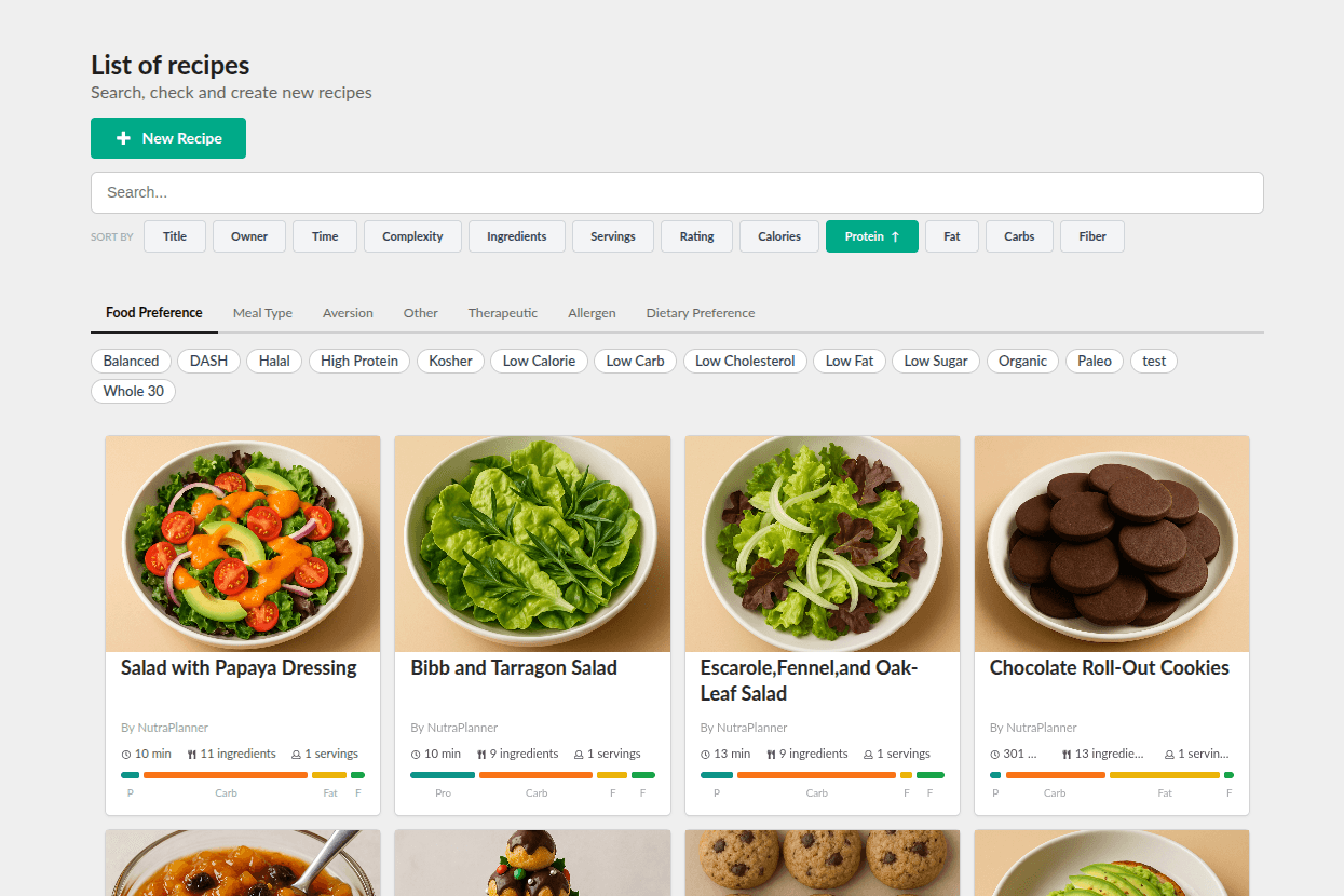 NutraPlanner recipe library with dietary filters
